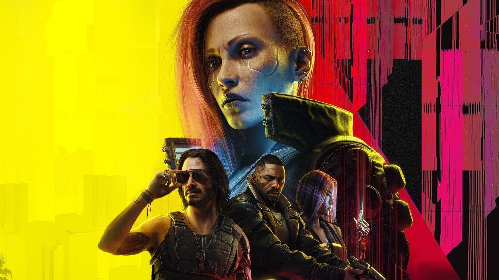 The main characters of Cyberpunk 2077: Phantom Liberty appear against a yellow and red background. 